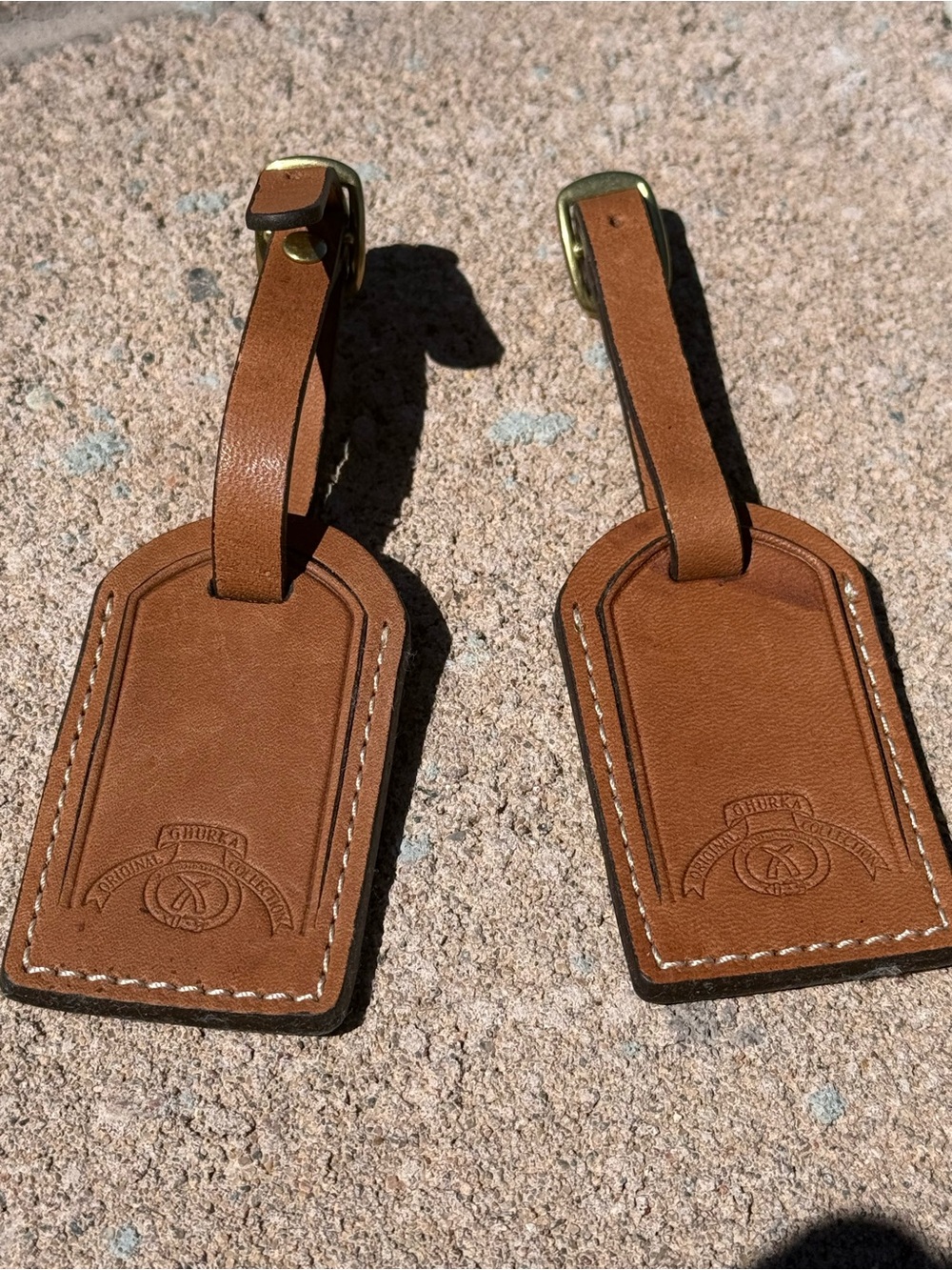 Vintage Ghurka Original Collection Leather Luggage Bag Tags Pair Saddle Tan Set
